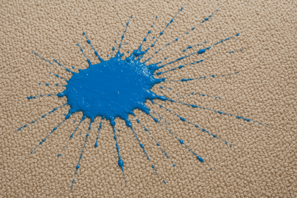 blue paint spill on beige carpet.