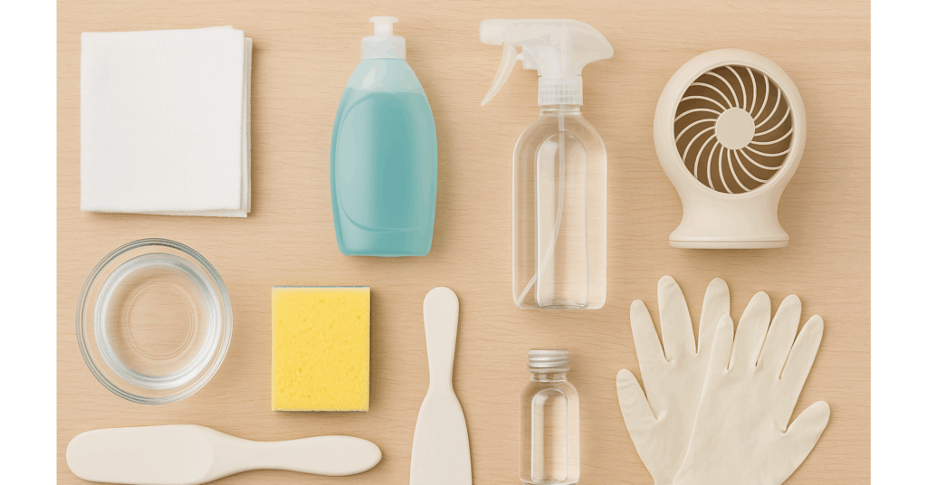 flat lay of cleaning supplies including gloves, spray bottle, sponge, and detergent.