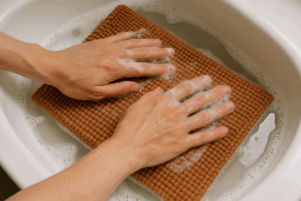 hand washing a rug on sink