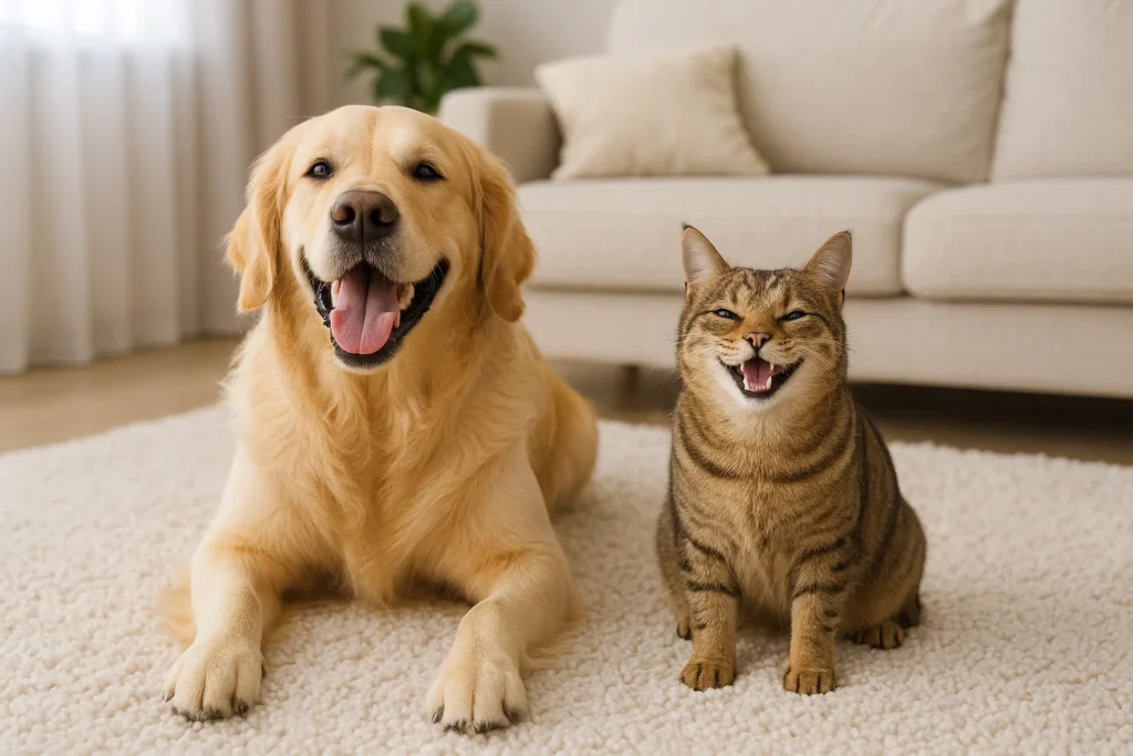 happy cat and dog on carpet