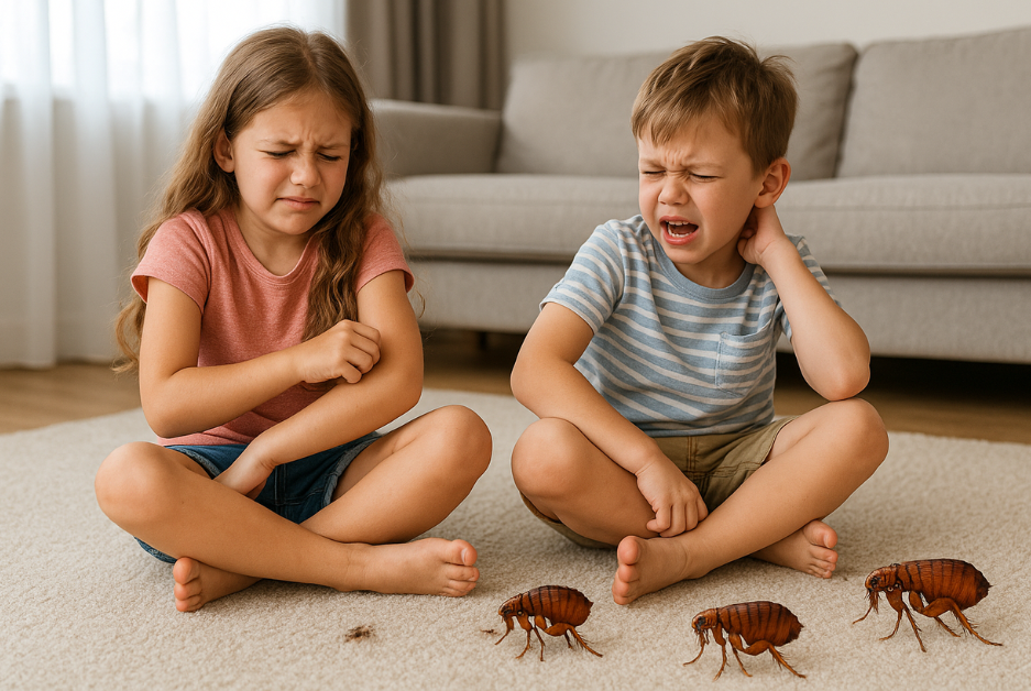 kids sitting on carpet itching from fleas bites