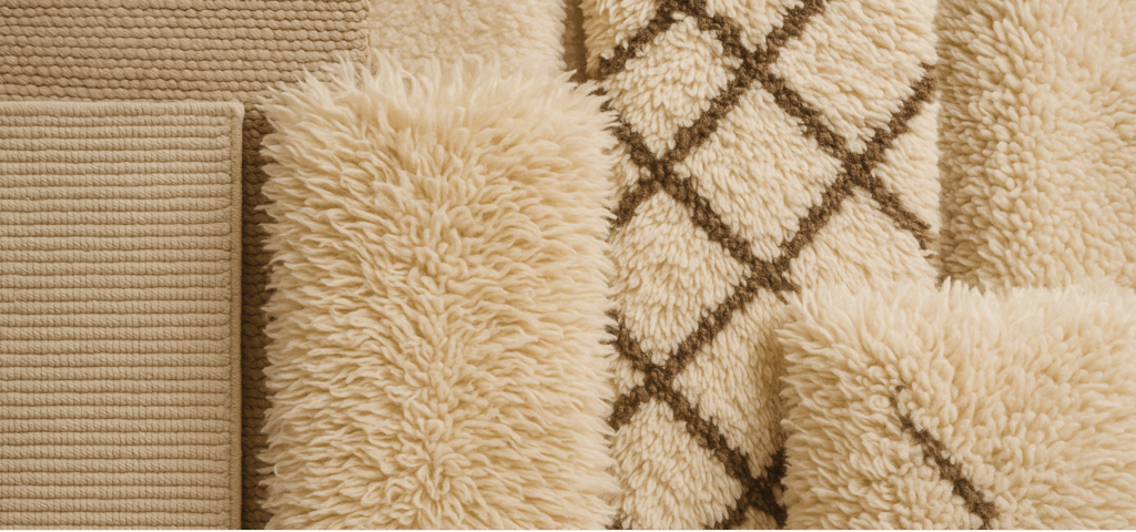 various beige rugs with different textures and patterns.