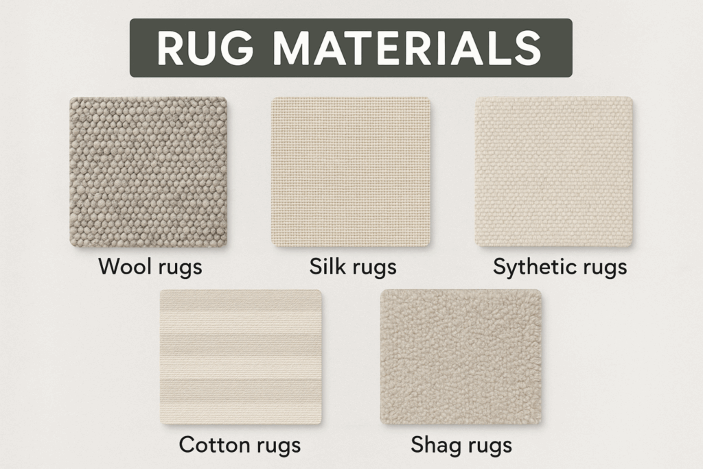 visual comparison of wool, silk, synthetic, cotton, and shag rug materials.