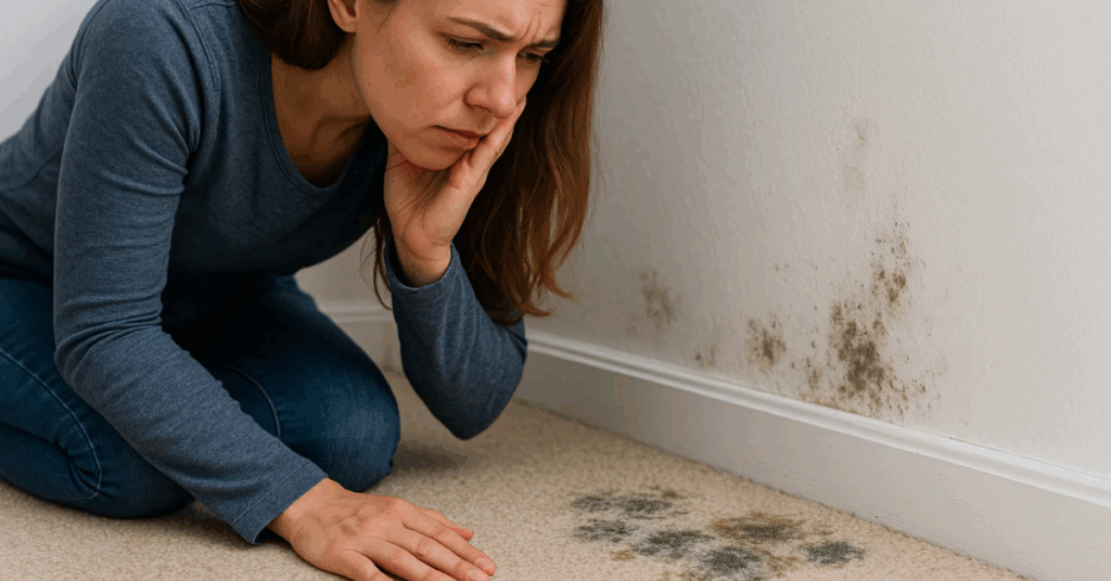woman looking at mold growing on carpet and wall